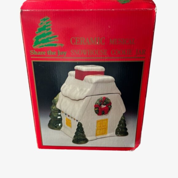 VINTAGE CHRISTMAS COOKIE JAR SHARE THE JOY CERAMIC MUSICAL SNOWHOUSE WITH BOX - Picture 5 of 5